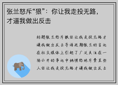 张兰怒斥“狠”：你让我走投无路，才逼我做出反击