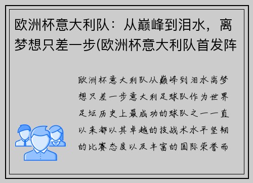 欧洲杯意大利队：从巅峰到泪水，离梦想只差一步(欧洲杯意大利队首发阵容)