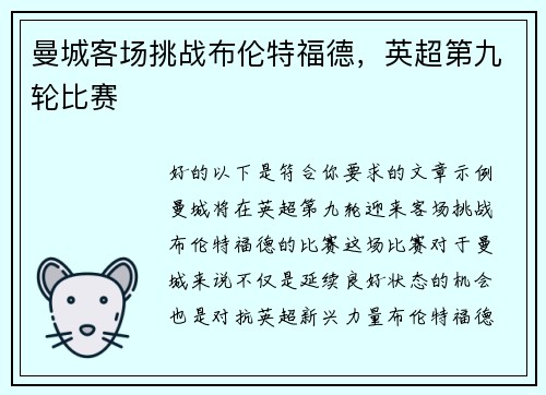 曼城客场挑战布伦特福德，英超第九轮比赛