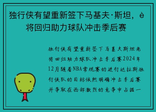 独行侠有望重新签下马基夫·斯坦，老将回归助力球队冲击季后赛