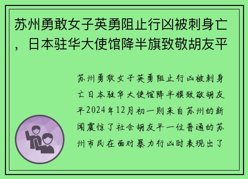 苏州勇敢女子英勇阻止行凶被刺身亡，日本驻华大使馆降半旗致敬胡友平