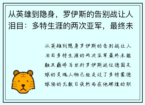从英雄到隐身，罗伊斯的告别战让人泪目：多特生涯的两次亚军，最终未能触及巅峰