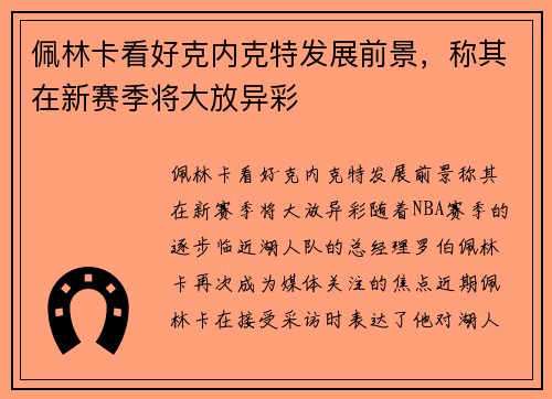 佩林卡看好克内克特发展前景，称其在新赛季将大放异彩