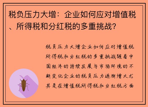 税负压力大增：企业如何应对增值税、所得税和分红税的多重挑战？