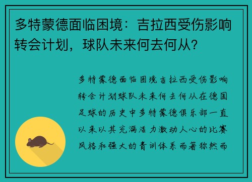 多特蒙德面临困境：吉拉西受伤影响转会计划，球队未来何去何从？